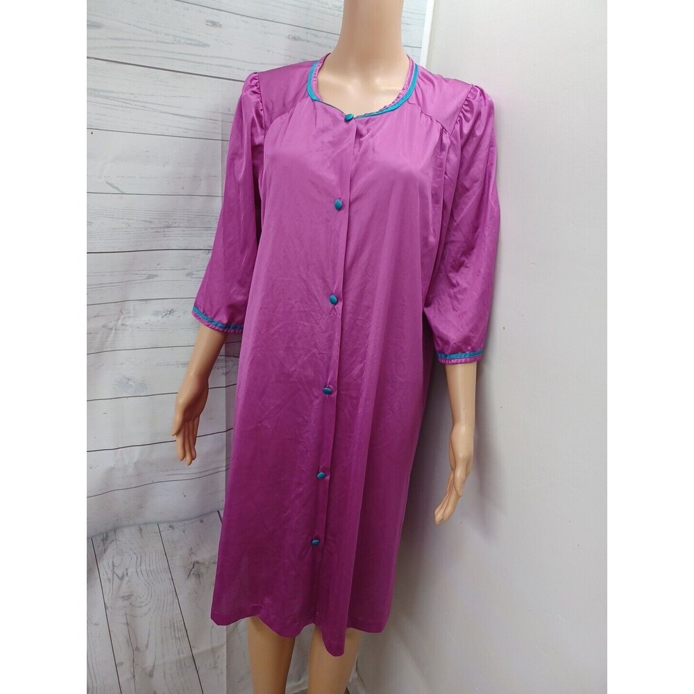 Vtg Lorraine Nightgown Button Front Womens Sz M Pink Satin 3/4 Sleeve USA Made